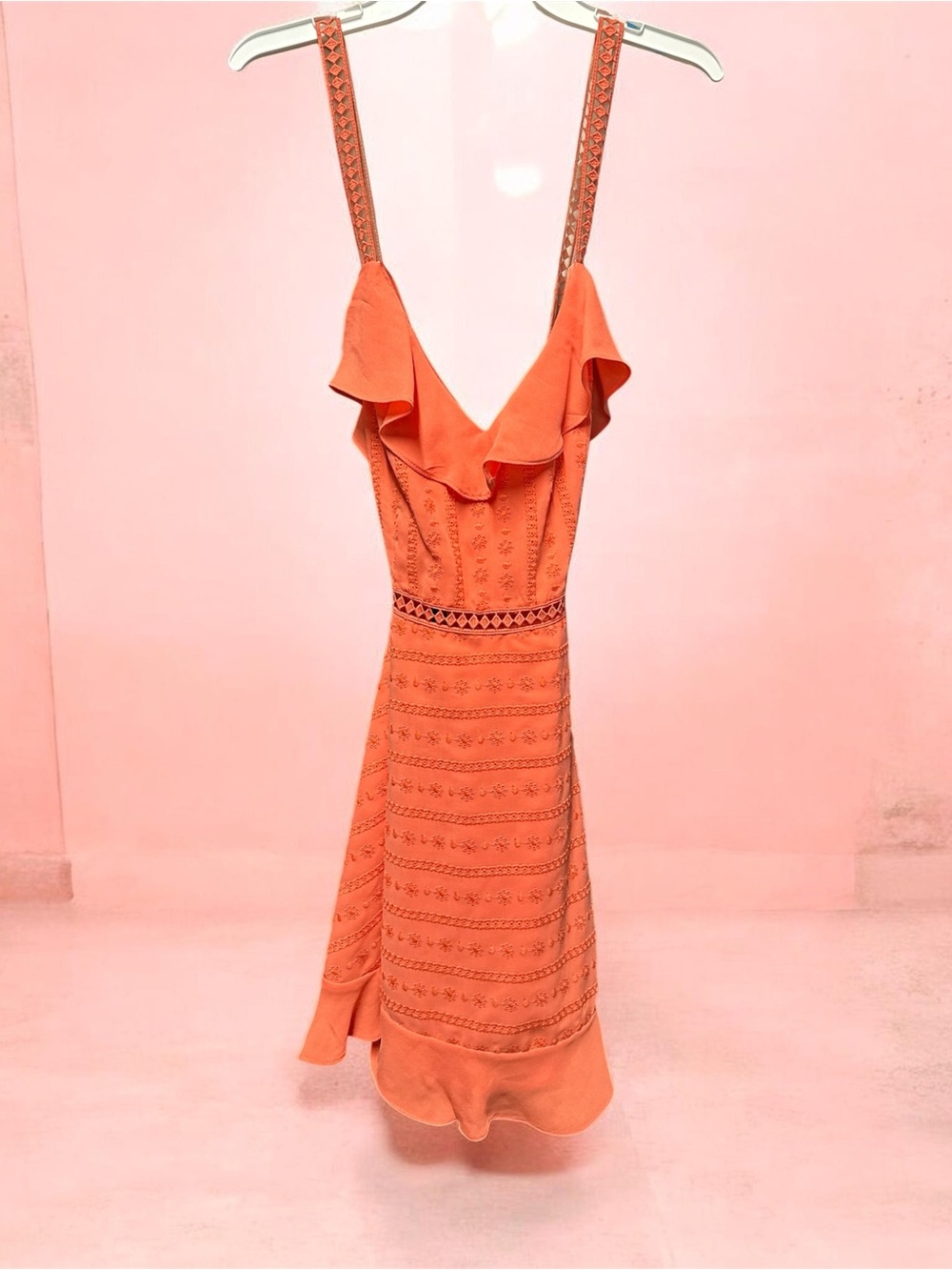Bebe NWT sz6 Coral Ruffle Eyelet Fit-and-Flare Dress - Picture 4 of 5